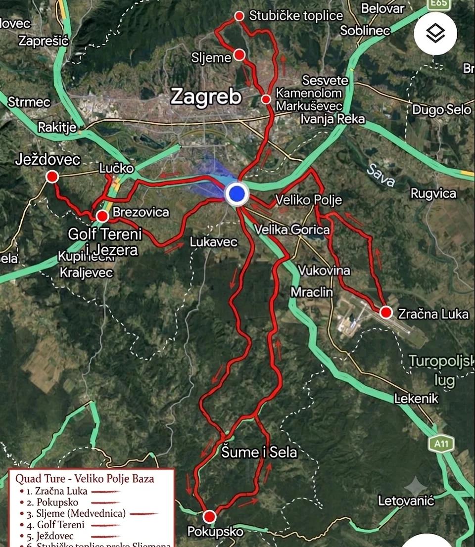 Karta ruta Quad Zagreb — Veliko Polje baza s označenim rutama do Zračne Luke, Pokupskog, Sljemena i drugih odredišta